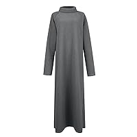 Fall Winter Thick Long Sleeve Maxi Dress for Women,Fashion Plus Size Turtle Neck Casual Smocked Flowy Long Dress
