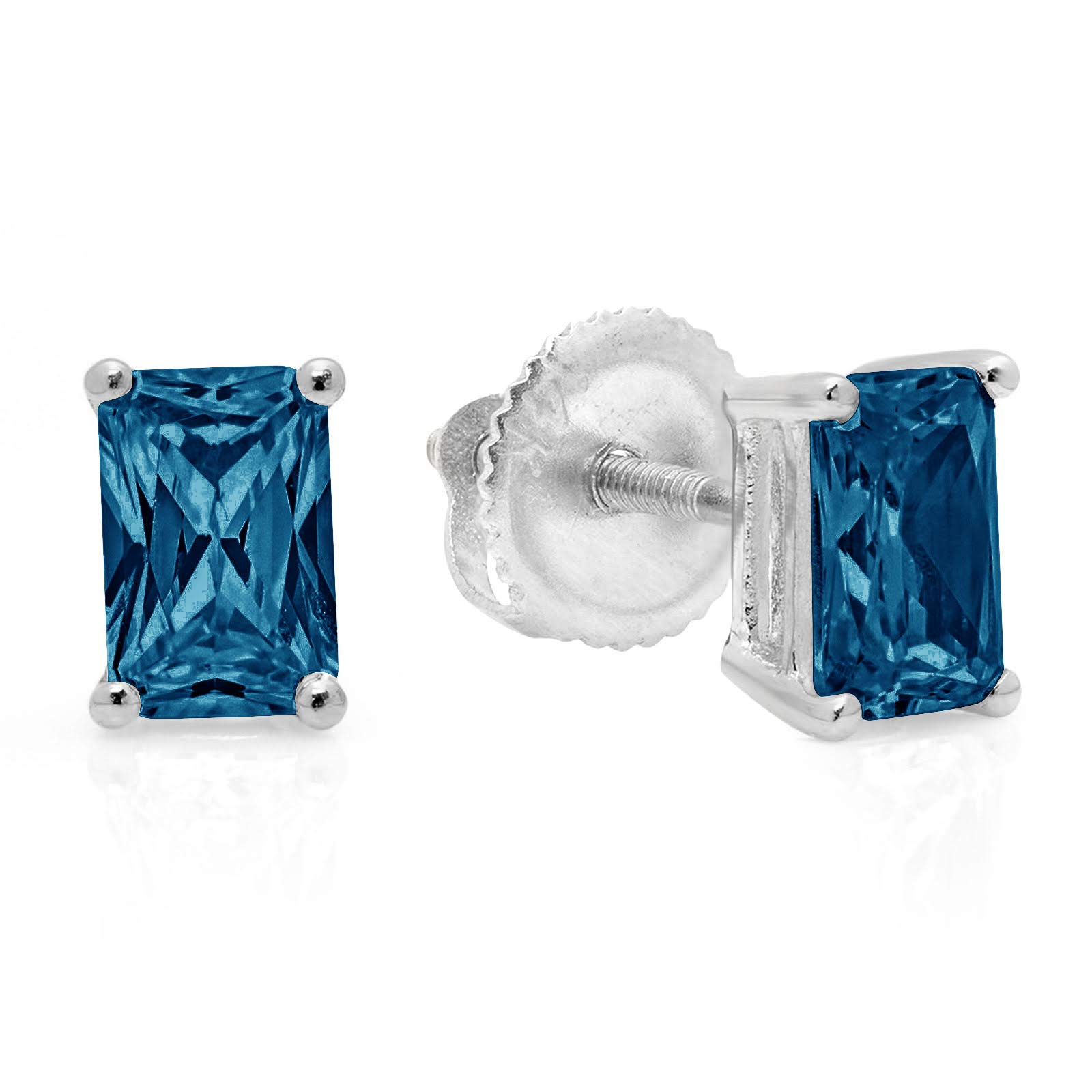 0.9ct Emerald Cut Solitaire Natural Royal Blue Topaz gemstone Unisex Designer Stud Earrings Solid 14k White Gold Screw Back conflict free Jewelry