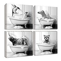 Funny Bathroom Wall Art Highland Cow Prints Cute Animal Picture Canvas Black and White Painting Home Bedroom Decor(B, 12x12inch)