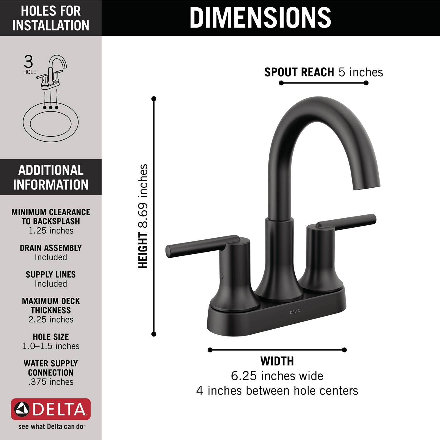 Delta Faucet Trinsic Matte Black Bathroom Faucet, Bathroom Sink Faucet, Centerset, Diamond Seal Technology, Metal Drain Assembly, Matte Black 2559-BLMPU-DST