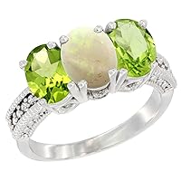 Silver City Jewelry 10K White Gold Natural Opal & Peridot Ring 3-Stone Oval 7x5 mm, Size 10