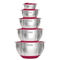VIKING Culinary Stainless Steel Mixing Bowl Set, 10 piece, Non-slip Silicone Base, Includes Airtight Lids, Dishwasher Safe, Red