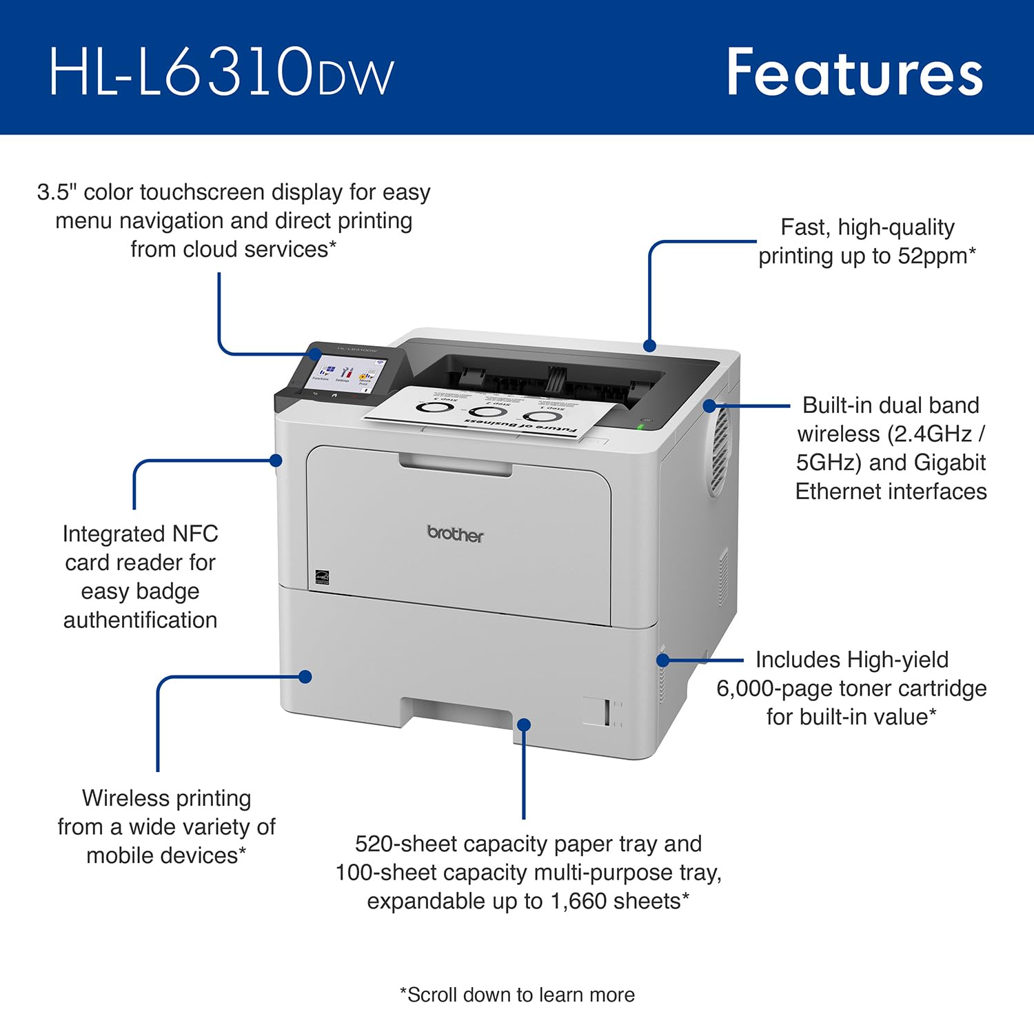 Brother HL-L6310DW Enterprise Monochrome Laser Printer with Low-Cost Printing, Wireless Networking, and Large Paper Capacity