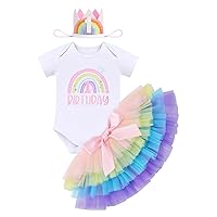 IMEKIS Baby Girls Boho Rainbow 1st Birthday Outfit Romper + Tutu Skirt with Diaper Cover + Headband Cake Smash Photo Shoot