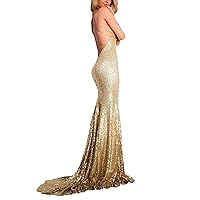 Women's Sequins Prom Dresses 2019 Long Backless Mermaid Split V-Neck Evening Party Gown