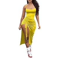 Formal Dresses for Women Evening Party Spaghetti Strap Sexy Backless Drawstring Ruched Split Hem Cocktail Evening Party
