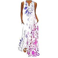 Prime of Deal Today Clearance Sundresses for Women 2024 Floral Print Sleeveless Maxi Dress with Pockets Tank Summer Dress Notch Neck Beach Dresses