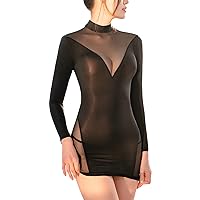 ACSUSS Women Sexy Bodycon Dress Mesh Long Sleeves Glossy Mini Dress Tight Pencil Dress with Thong