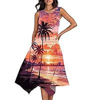 Womens Sun Dresses 2024 Hawaiian Dresses for Women Summer Print Casual Fashion Elegant Ceach Dress Sleeveless Round Neck Flowy Dresses Saffron Small