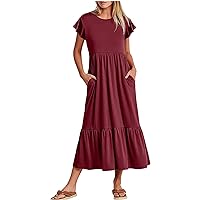 Women's Summer Dresses Casual Short Sleeve Crewneck Ruffle Swing Sundress Flowy Tiered Maxi Beach Dress with Pockets