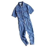 Summer Thin Overalls Men's Denim Jumpsuits Lapel Short Sleeve Loose Blue Jeans Cargo Pants