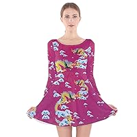 CowCow Womens Velvet Skater Dress Dragon Floral Butterfly Slimming Print Long Sleeve Velvet Bodycon Dress, XS-3XL