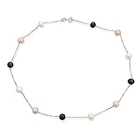 Bridal Tin CupWhite Pink Black Freshwater Cultured 7MM Pearl Genuine Multi Color Gemstones Pearls Necklace Chain Station For Women Yellow Gold Plated .925 Sterling Silver 16 18 Inch
