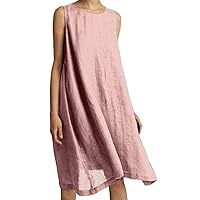 Womens Linen Dresses Knee Length Crewneck Sleeveless Beach Dress Solid Loose Sundress Summer Flowy 2024 Tank Dress