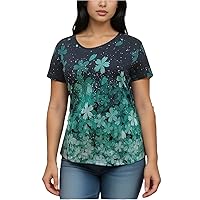 Summer Plus Size T-Shirt Ladies Cherry Blossom Print Round Neck Casual Short Sleeve