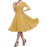 Mother of The Bride Dresses Tea Length Chiffon Formal Evening Gowns Laces Appliques 3/4 Sleeves Wedding Guest Dress