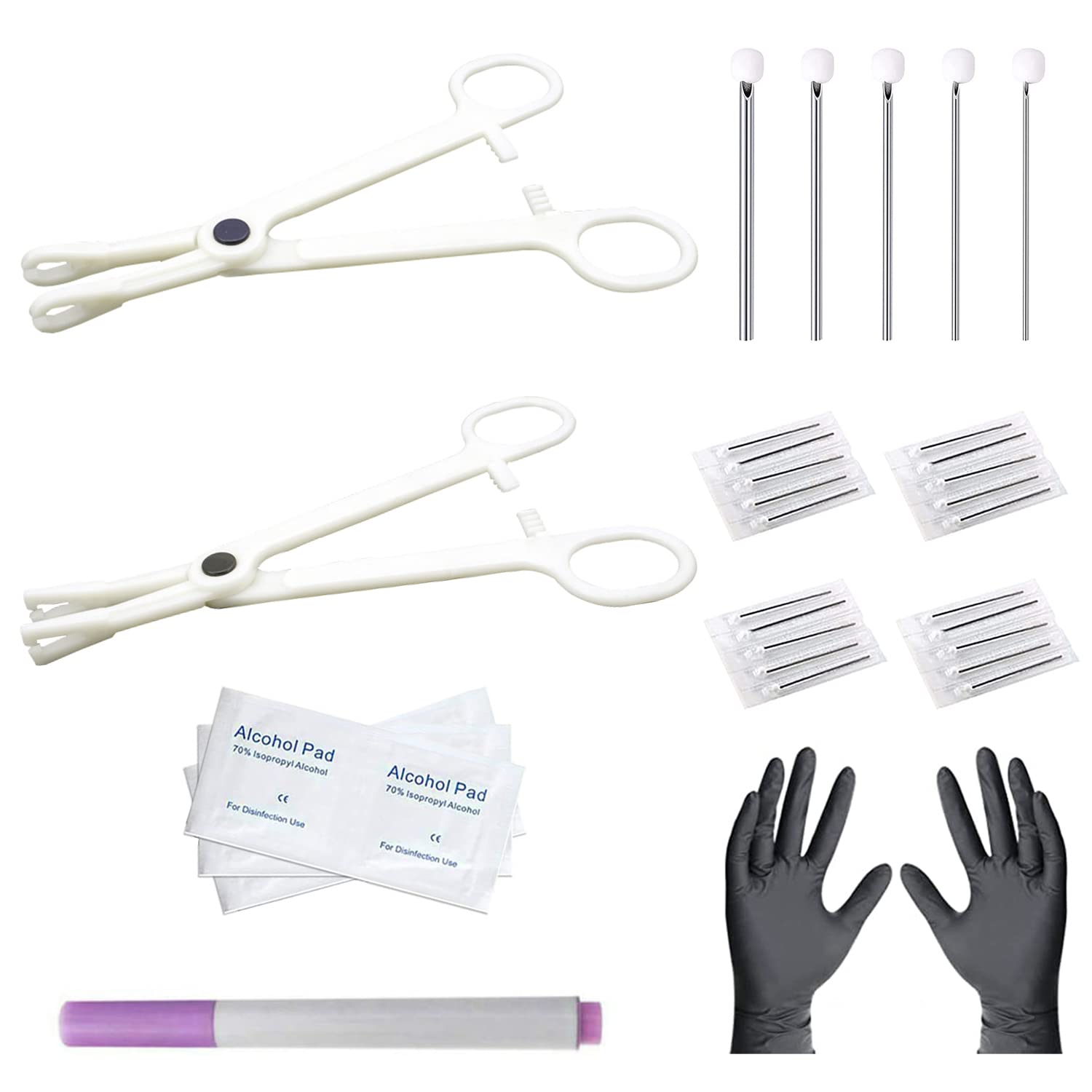 NA Ear Nose Piercing Needles Body Piercing Needles Kit Mix Size 12G 14G 16G 18G 20G Stainless Steel Piercing Kit with 2 Pcs Different Piercing Clamps and Alcohol Pads, Marker Pen