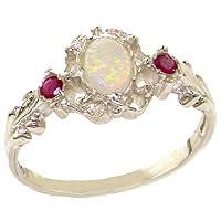 10k White Gold Real Genuine Opal and Ruby Womens Band Ring