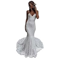 Spaghetti Strap Bridal Ball Gown Train Lace Mermaid Wedding Dresses for Bride 2022