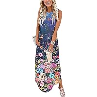 Womens Summer Dress Beach Spandex Dresses Off The Shoulder Dress Staggered Sleeveless Printed Dress(T-B,XX-Large)