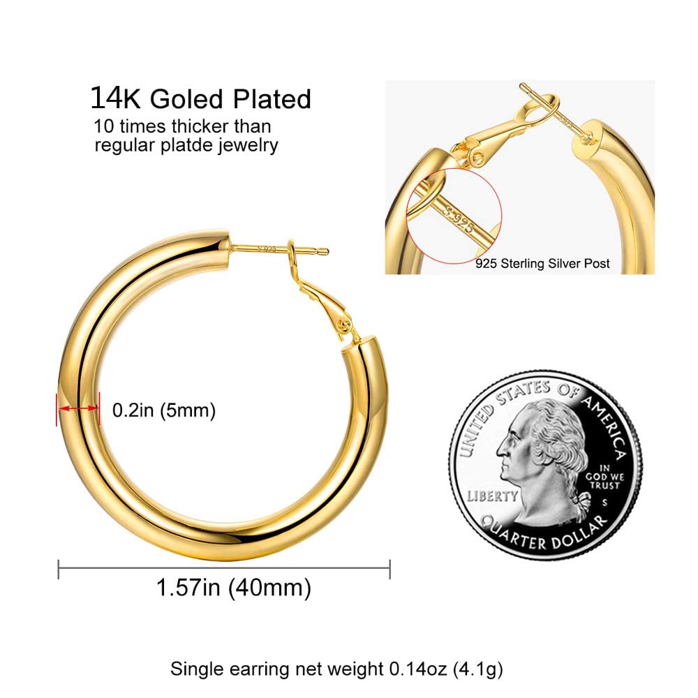 Chunky Gold Hoop Earrings 14K Gold Plated 925 Sterling Silver Post Thick Tube Hoops for Women And Girls