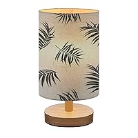 Bedside Lamp for Bedroom, Seamless Pattern Hand Drawn Stylized Tropical Palm Leaves Small Lamp, Linen Lampshade Table Lamp, Dimmable Nightstand Lamp with Woodbase for Living Room Office
