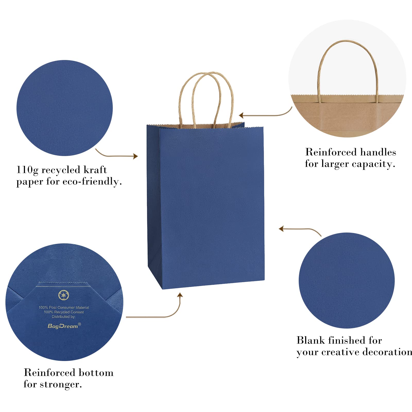 BagDream Kraft Gift Bags 50Pcs 5.25x3.75x8 Inches Small Paper Bags with Handles Bulk Wedding Party Favor Bags Shopping Retail Merchandise Bags Navy Blue Gift Bags Paper Sacks