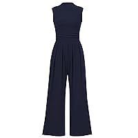 PRETTYGARDEN Womens Summer Jumpsuits Dressy Casual One Piece Outfits Sleeveless Mock Neck Wide Leg Pants Rompers with Pockets
