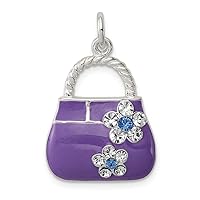 925 Sterling Silver Solid Open back Textured back Purple Enameled CZ Cubic Zirconia Simulated Diamond Purse Charm Pendant Necklace Measures 25x17mm Wide Jewelry Gifts for Women