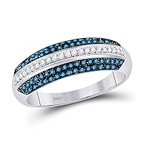 The Diamond Deal 10kt White Gold Womens Round Blue Color Enhanced Diamond Striped Band Ring 1/2 Cttw