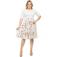 MIAMINE Plus Size Dresses for Women Fit and Flare Floral Print Casual Fall Crew Neck Skater Midi Dress with Pocket
