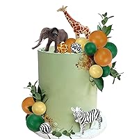 24 PCS Realistic Safari Jungle Animal Cake Toppers with Colorful Balls Cake Decorations for Wild Themed Birthday Oh Baby Party Supplies (Green Yellow)