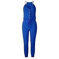 Andongnywell Women's Pure Color Summer Sexy Sling lace Button Pocket Women Jumpsuits Straight Trousers