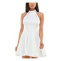 B Darlin Womens White Zippered Lined Keyhole Back Embroidered Insets Sleeveless Halter Short Party Fit + Flare Dress Juniors 11