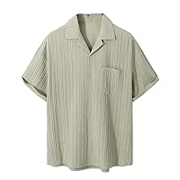Men Shirt Folds Striped Lapel Short Sleeve Button Streetwear Korean Casual Shirts Summer Clothing