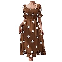 Womens Polka Dots Puff Short Sleeve Empire Waist Dress Summer Square Neck Smocked Waist-Defined Ruffle A-Line Dress
