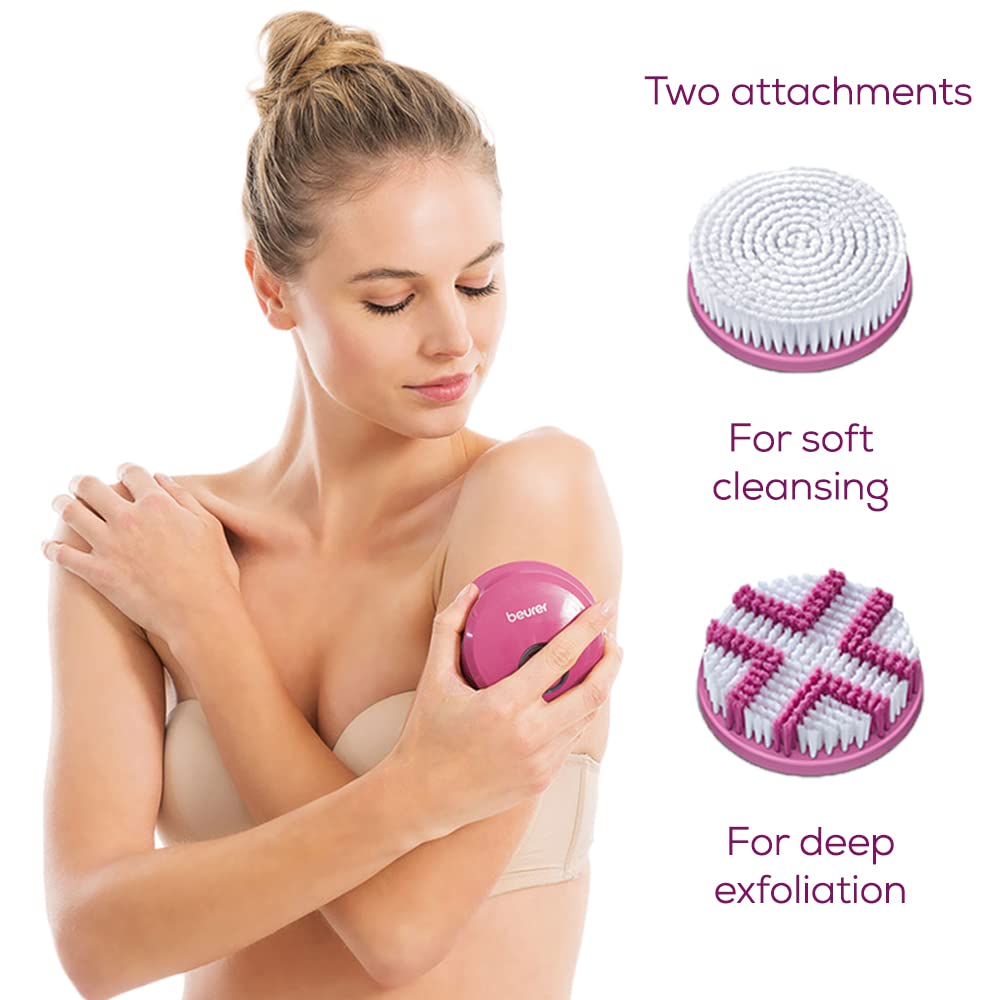 Beurer FC55 Body Scrubber, Electric Body Brush for Exfoliating and Massage, Waterproof Cleansing Brush for Showering, Cordless and Rechargeable, Spinning Skin Brush with 2 Attachments