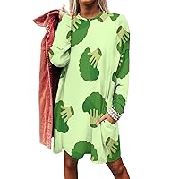 Green Broccoli Women's Long Sleeve Tunic Tops Casual Shirts Crew Neck Long T Shrits with Pocket