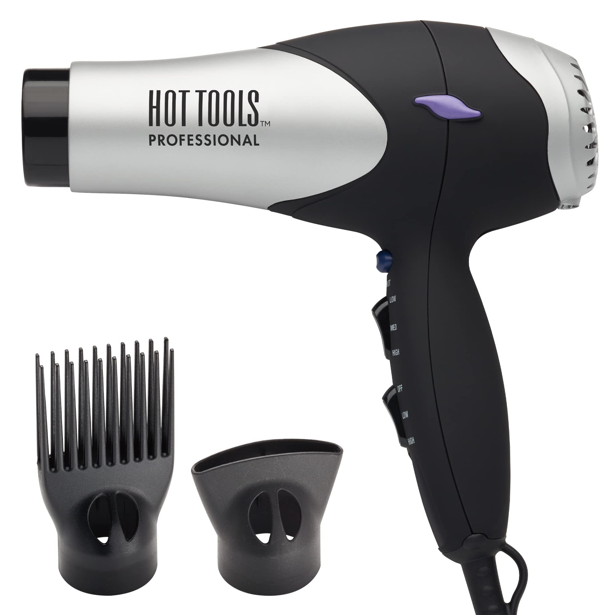 Hot Tools Pro Artist Turbo Styling Hair Dryer | Lightweight and Quiet, Silver/Black, 1 Count (Pack of 1)