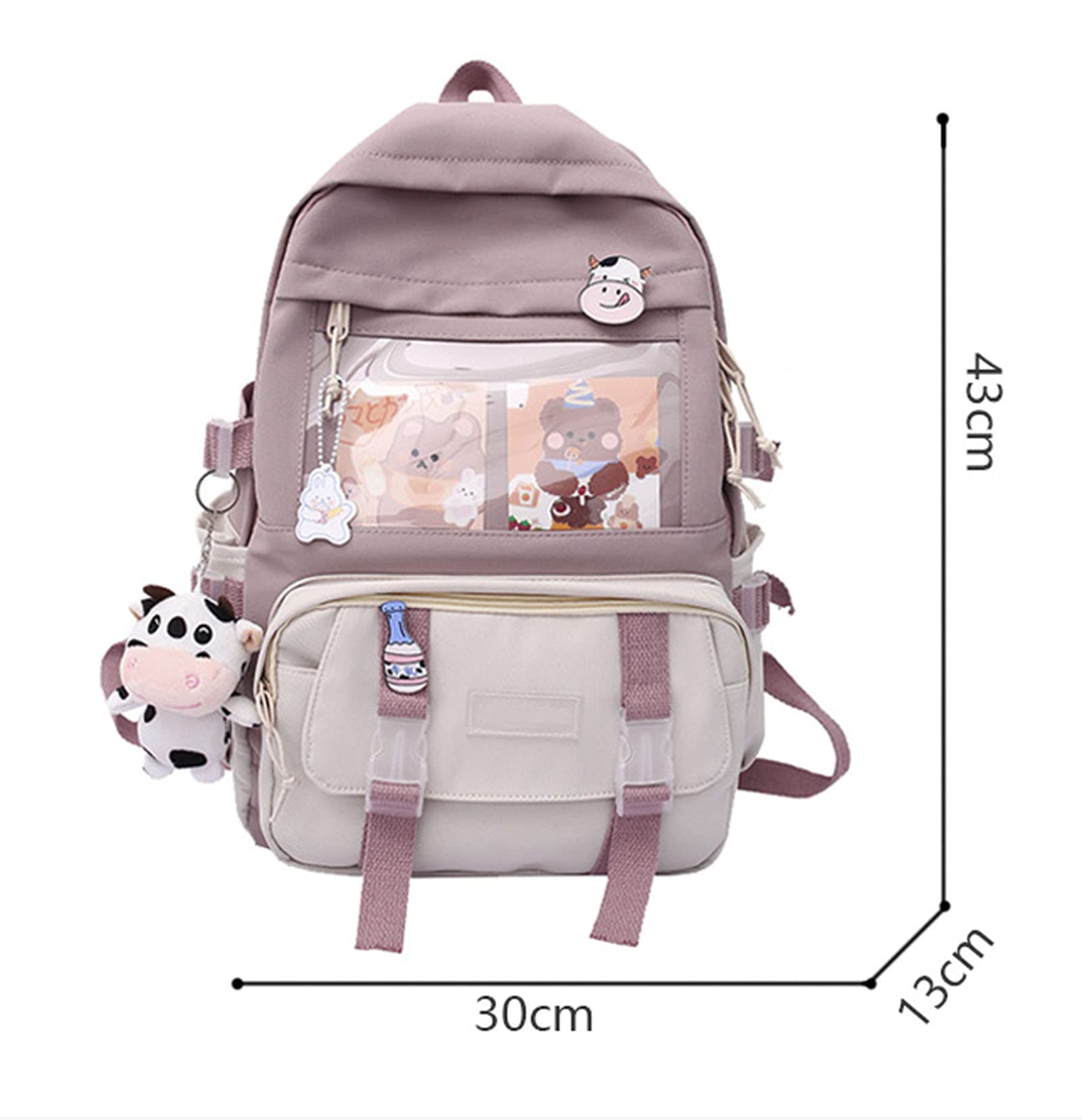 JELLYEA Kawaii School Backpack for Girls with Milk Cow Keychain and Cute Pin School Bookbag Teens Backpack Middle Elementary