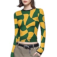 Women Color Block Slim Fitted Crop Tops Plus Size Sexy Fashion Long Sleeve T-Shirt Crewneck Stretchy Cropped Blouses