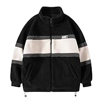 Men Winter Jacket Stand Collar Contrast Sherpa Jacket Warm Zip Up Fleece Jacket Outwear with Pocket Fuzzy Coat