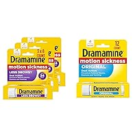 Dramamine Motion Sickness Relief Tablets Bundle: All Day Less Drowsy, 8 Count, 3 Pack and Original Travel Vial, 12 Count