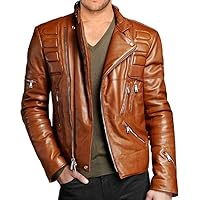 Men's Genuine Lambskin Leather Jacket Black Slim fit Moto Biker Jacket LJN419