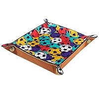 Colorful Soccer Seamless Pattern Folding Rolling Thick PU Brown Leather Valet Catchall Organizer Table Small Jewelry Candy Key Trays Storage Box Decor Entryway Black White