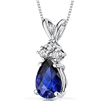 PEORA 14K White Gold Created Blue Sapphire with Genuine Diamonds Pendant Dainty Teardrop Solitaire, Pear Shape, 7x5mm, 1 Carat total