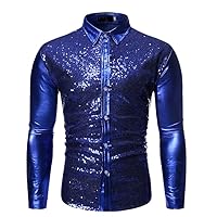 Silver Metallic Sequins Shirt Glitter Men Disco Party Halloween Costume Chemise Homme Stage Shirt Male