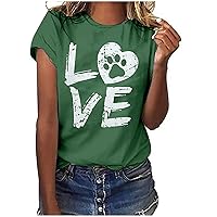 Women's Love Heart Dog Paw T-Shirt Dog Mom Shirts Funny Graphic Tees Letter Print Tops Summer Casual Loose Blouse