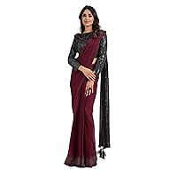 Maroon Thread work Woman Wedding wear Satin Silk Stitched Saree Blouse Trendy Designer Sequin work Sari 3527