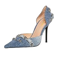 XYD Women D'Orsay Pumps Stiletto High Heels Slip On Closed Pointed Toe Textured Studs Buckles Ultra Fashion Night Club Event Party Shoes